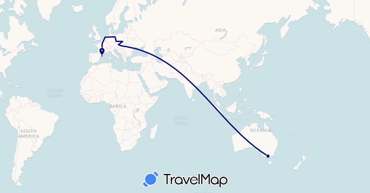 TravelMap itinerary: driving in Austria, Australia, Czech Republic, Germany, Spain, France, Hungary, Netherlands, Poland (Europe, Oceania)